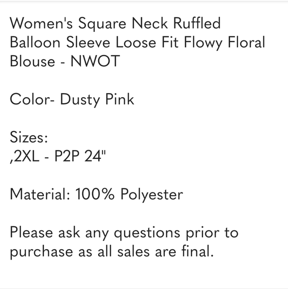 Women's Square Neck Ruffled Balloon Sleeve Loose Fit Flowy Floral Blouse - NWOT - Picture 5 of 6